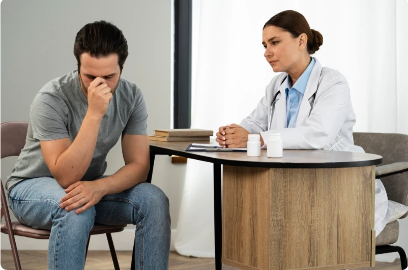 Patient asking doctor questions during mental health consultation at Harmony Health and Psychiatry